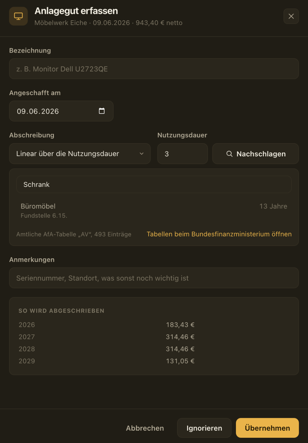 Anlagegut erfassen, Nutzungsdauer aus der amtlichen AfA-Tabelle
