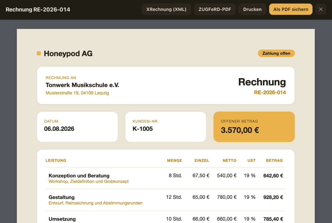 Rechnungsversand mit E-Rechnung als ZUGFeRD oder XRechnung