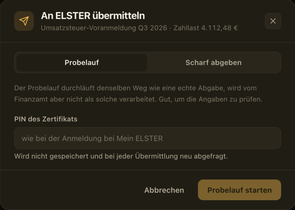 Übermittlung an ELSTER mit vorausgewähltem Probelauf